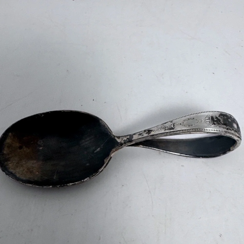 Vintage Antique Silver Plate Loop Handle Baby Spoon Ornate Engraved Fair 3.5in